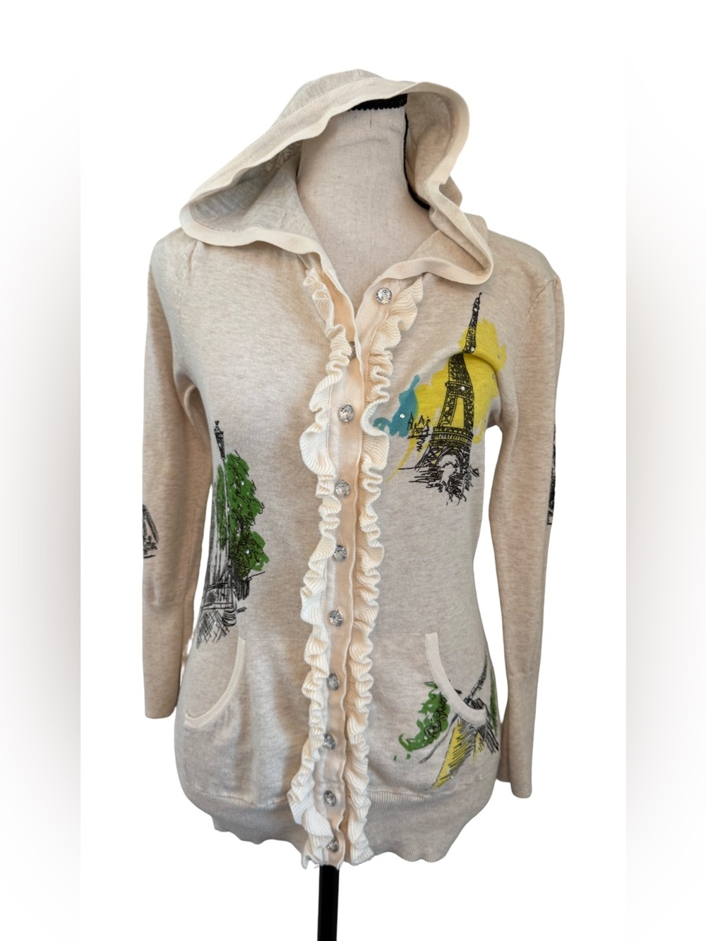 Charlotte Paris Eiffel Tower Hooded Cardigan Ruffle Rhinestone Cotton Sz Small
